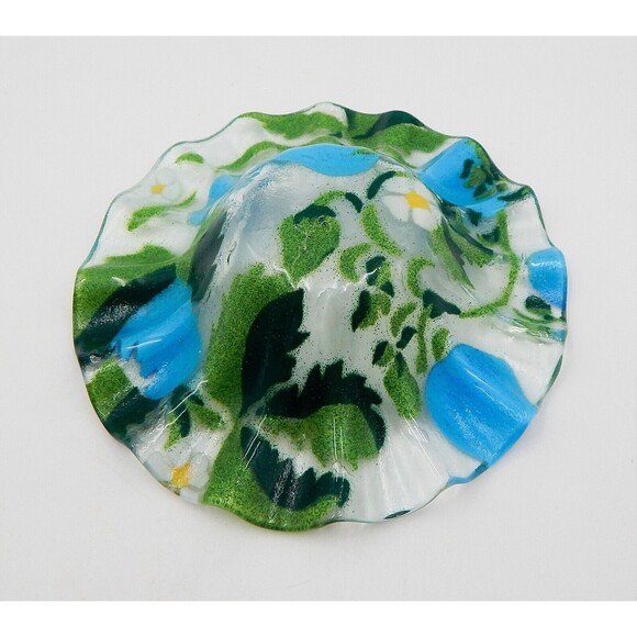 Sydenstricker Blue Strawberry Fused Glass Plate Bowl Ruffled Edge 2 PC Signed - Picture 7 of 11